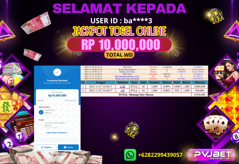 JACKPOT KEMENANGAN TOGEL ONLINE “ TOTO MACAU 4D ” 10 JT