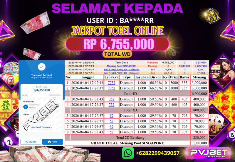 JACKPOT KEMENANGAN TOGEL ONLINE PASARAN “ SINGAPORE POOL ” 6 JTAN